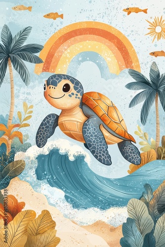 Obraz na płótnie Colorful depiction of a turtle surfing waves at sunset with palm trees w salonie