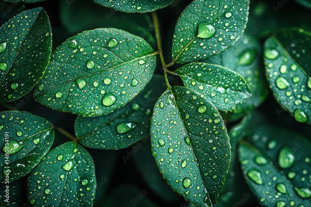 Close-up of fresh green leaves with dewdrops captured during early morning
