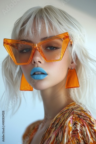 Obraz na płótnie Fashionable portrait featuring vibrant colors with bold sunglasses and striking makeup w salonie