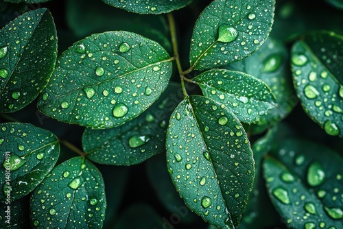 Obraz na płótnie Close-up of fresh green leaves with dewdrops captured during early morning w salonie