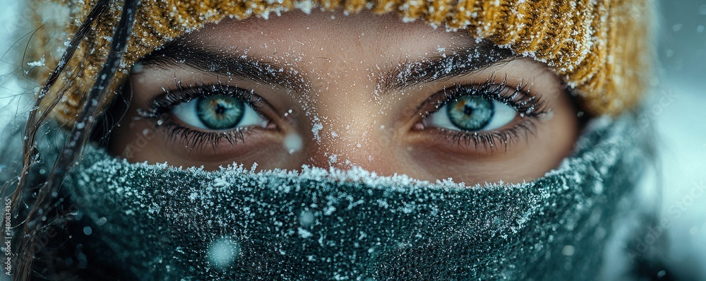 Close-up portrait showcasing piercing blue eyes in a wintry snowy setting