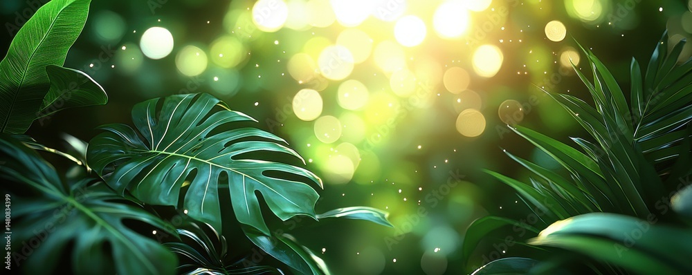 Close-up of green leaves with light and abstract blurred background