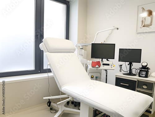 Clean and clinic examination room with medical equipment neatly arranged