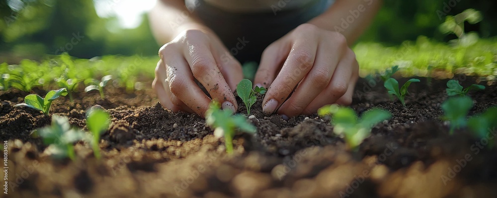 Young woman tending plants in a sunlit organic garden