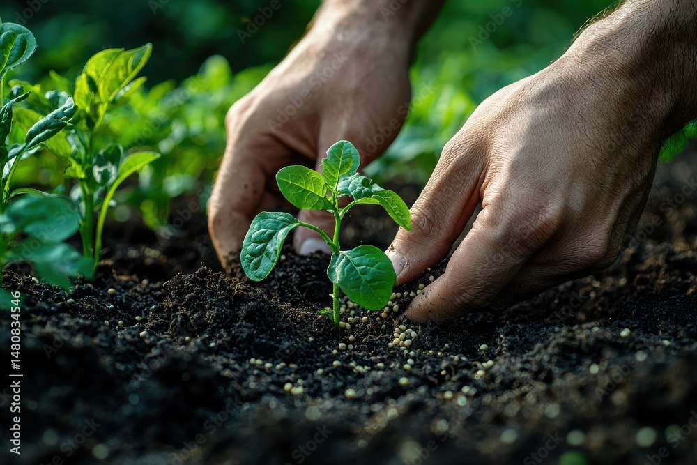 Close-up of hands planting young seedlings in fertile garden soil
