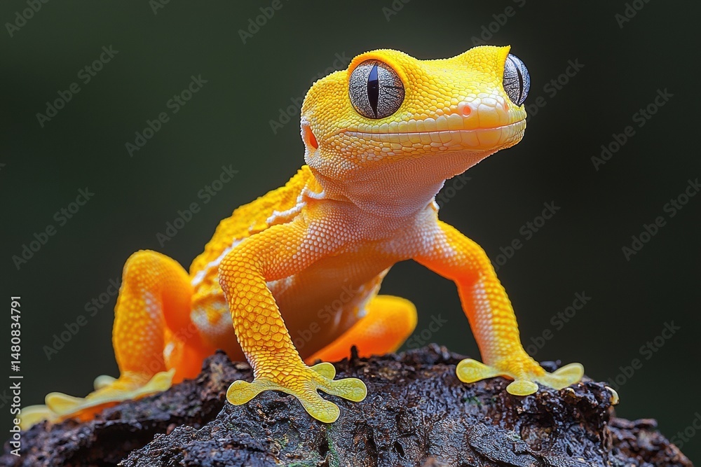 Bright yellow gecko resting on a textured log with a blurred background