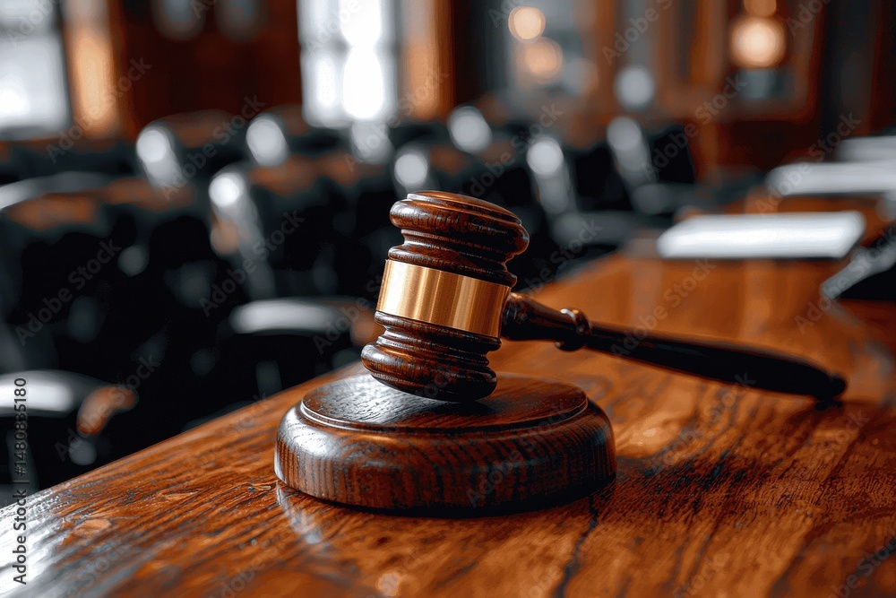 Judge's gavel placed on a large wooden courtroom table