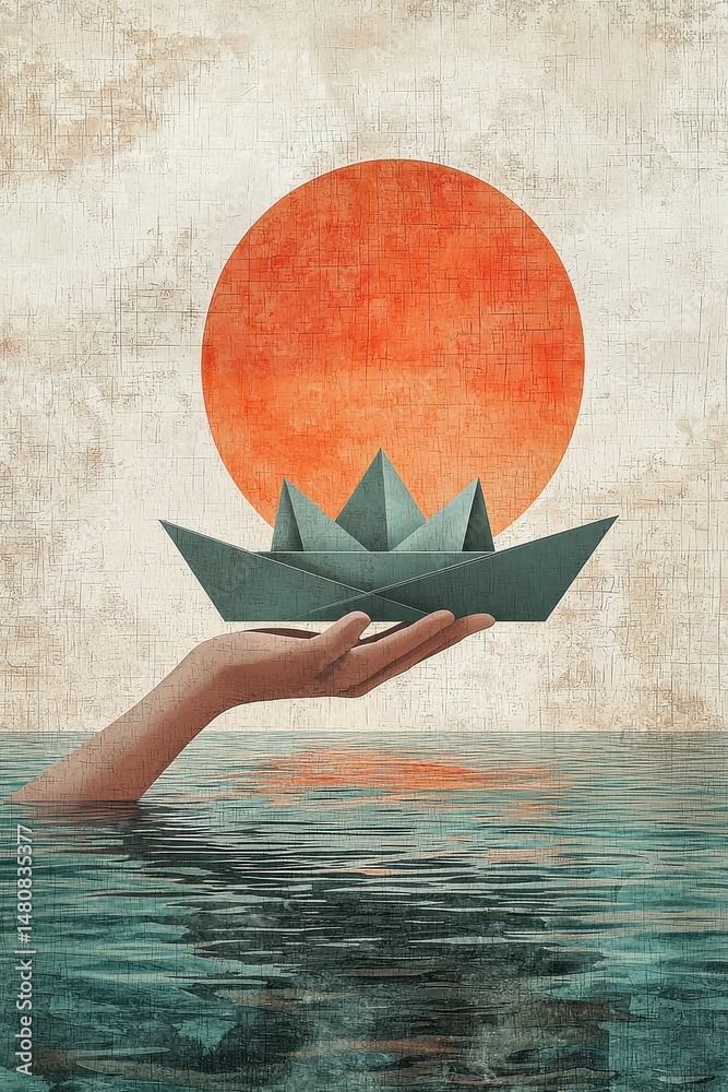 Hand holding origami boat over the ocean with sunset backdrop