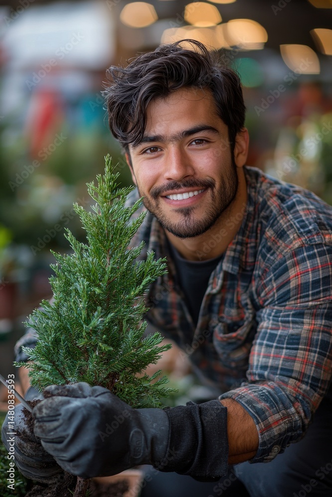 Gardener planting a new tree at a garden center with a cheerful smile