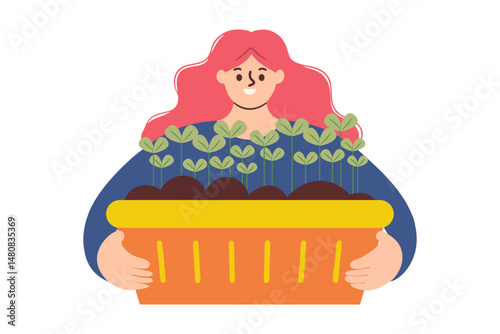 Happy farmer holds a box of seedlings. Vector illustration. gardening and farming