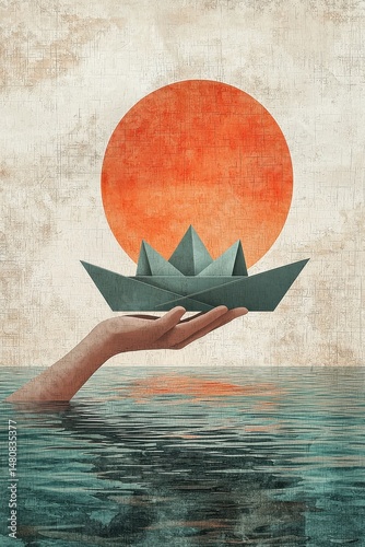 Hand holding origami boat over the ocean with sunset backdrop