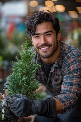 Obraz na płótnie Gardener planting a new tree at a garden center with a cheerful smile w salonie