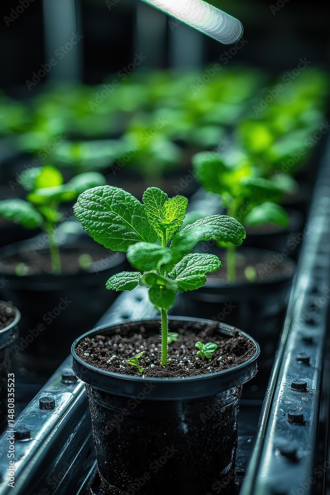 Young plant growing in a high-tech indoor farming environment