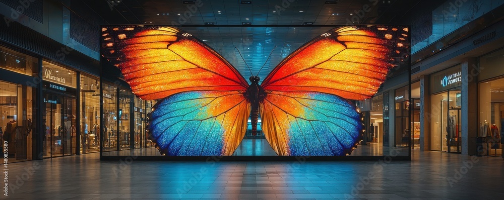 Colorful butterfly digital art display in an urban shopping setting