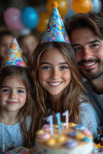 Smiling child celebrates birthday with family and colorful decorations