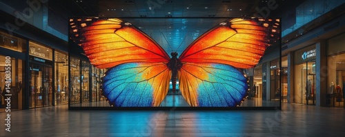 Obraz na płótnie Colorful butterfly digital art display in an urban shopping setting w salonie