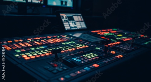 Colorful Video Switcher Control Panel in Dark Studio - Broadcast technology, video production, media, control room, and switching equipment. Represents modern media production and broadcasting