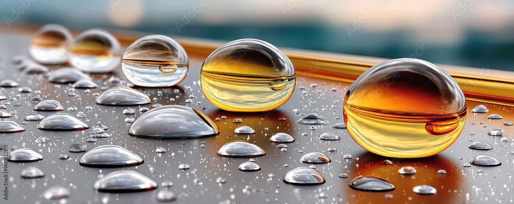 Macro image of reflective water droplets on a metallic and colorful surface