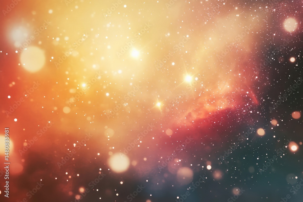 Fototapeta premium A mesmerizing cosmic scene with vibrant nebulae, glittering stars, and bokeh effects creating a dreamy, ethereal atmosphere.