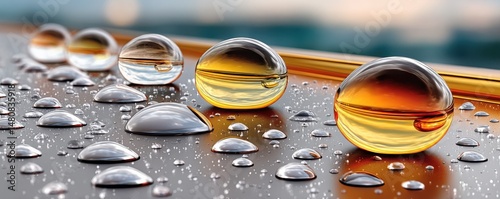 Macro image of reflective water droplets on a metallic and colorful surface