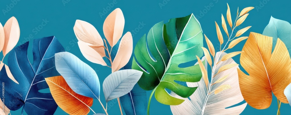 Colorful tropical leaves illustrated on a blue background for decorative design
