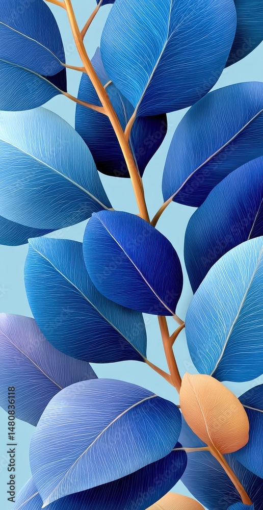 Elegant depiction of blue leaves with intricate veins set against a soft background