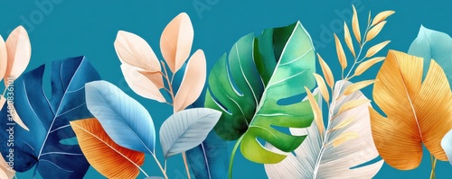 Obraz na płótnie Colorful tropical leaves illustrated on a blue background for decorative design w salonie