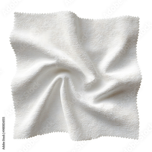 A single crumpled white microfiber cloth for cleaning, isolated on a white background. Top view of the soft textured fabric.