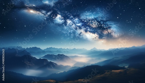 View of beautiful night sky with stars in foggy mountain valley.