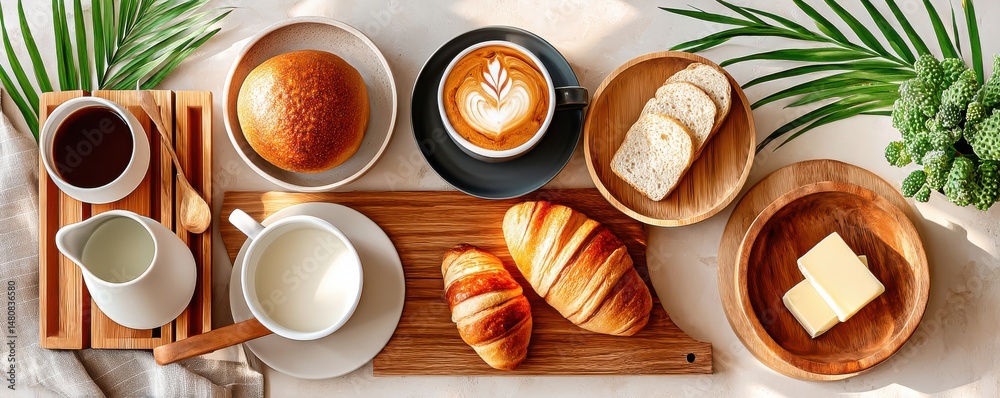 Top-down view of a rustic breakfast spread with pastries and coffee