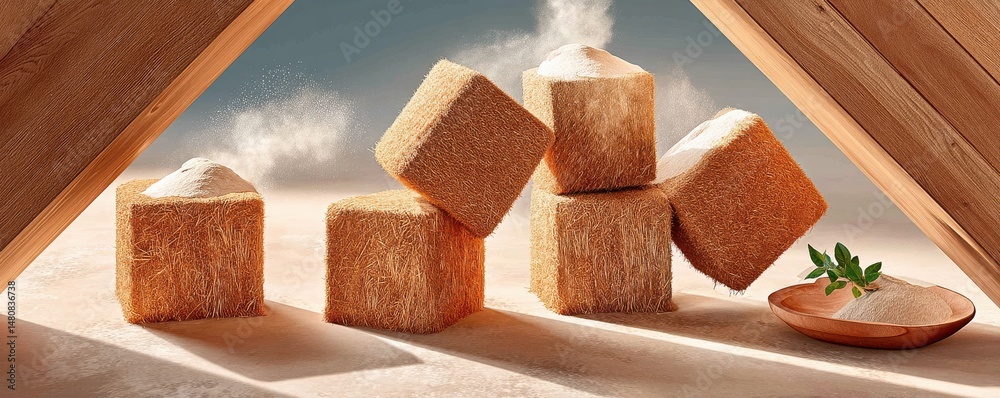Hay bales with fine powder and a wooden background