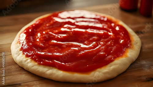 Pizza dough smeared with tomato sauce and products on wooden table, closeup