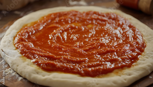 Pizza dough smeared with tomato sauce and products on wooden table, closeup