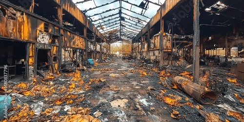 Charred remains of a large structure after a devastating fire. Debris and ash cover the floor. The skeletal remains of the building's frame are visible, showing extensive damage