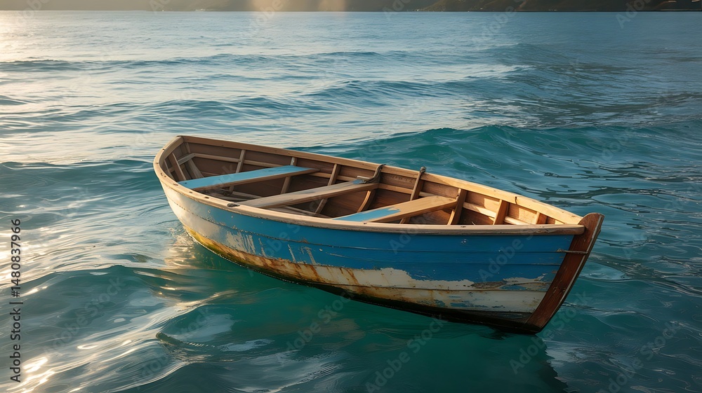 Naklejka premium Seaside solitude: An old wooden boat bobs gently on the sea, surrounded by the calming movement of the waves, evoking a sense of peace, tranquility and solitary journey.