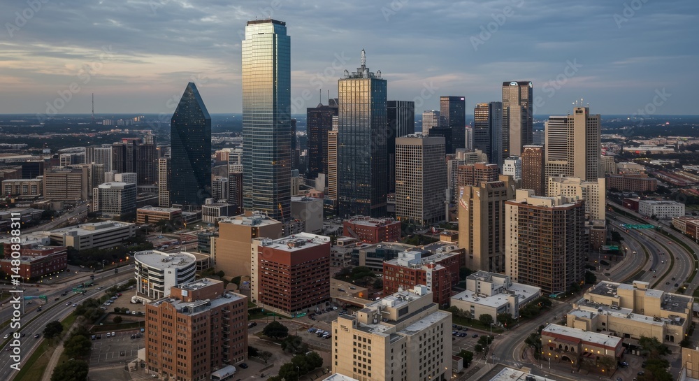 Fototapeta premium Dallas Skyline Aerial View at Dawn - Stunning aerial view of the Dallas skyline at sunrise, showcasing the city's iconic skyscrapers and modern architecture