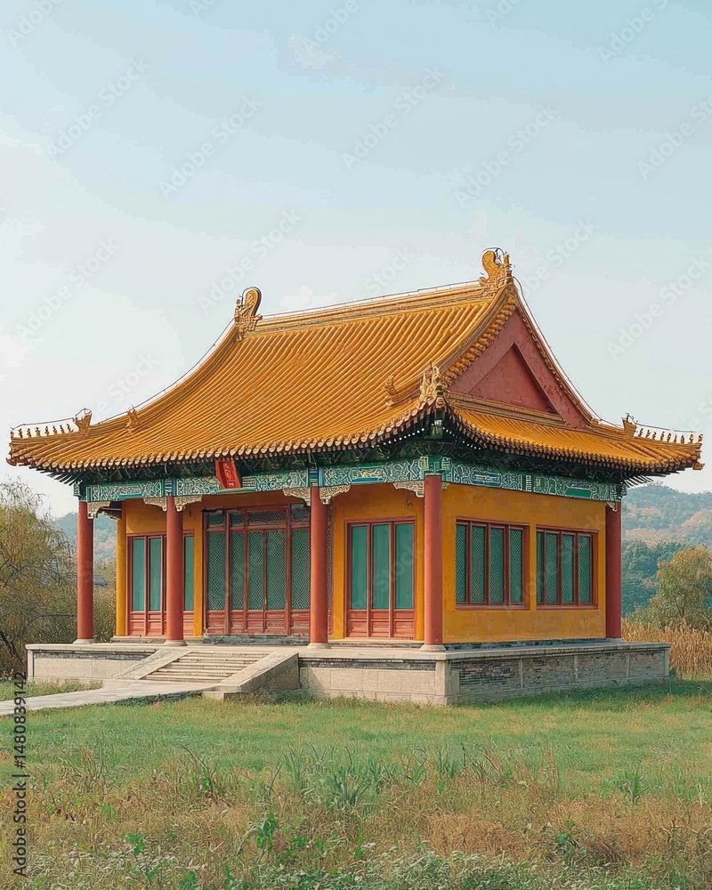 Obraz premium A picturesque temple, vibrant orange and red, with a sweeping, tiled roof, sits serenely in a grassy field against a clear sky