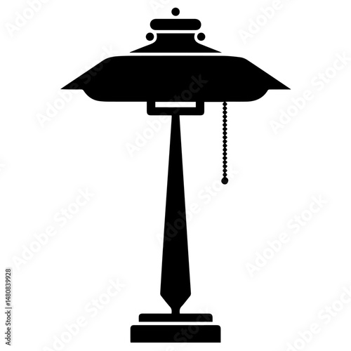 Silhouette of a classic banker’s lamp with a pull chain switch, iconic rectangular shade, and pedestal base, isolated on white background. Simple, vintage, and elegant office decor symbol.