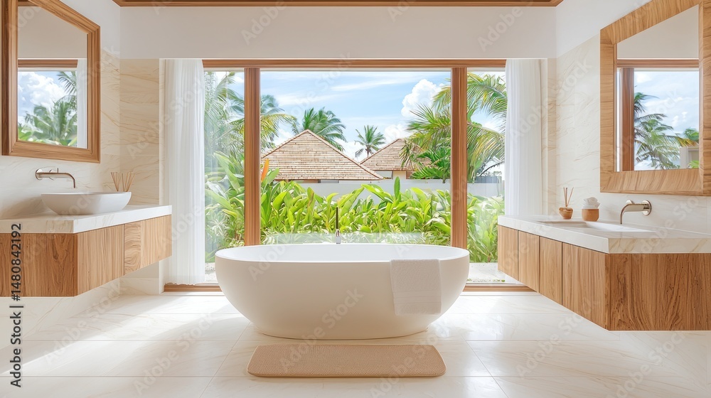 Bright bathroom features a freestanding tub and a tropical view Bright bathroom features a freestanding tub and a tropical view