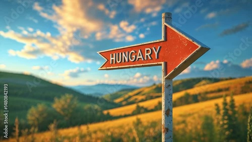 on the pole there is a direction arrow with the inscription Hungary against the background of a picturesque summer landscape

