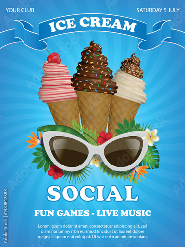 ice cream social  poster with cone ice creams and sunglasses with tropical plants