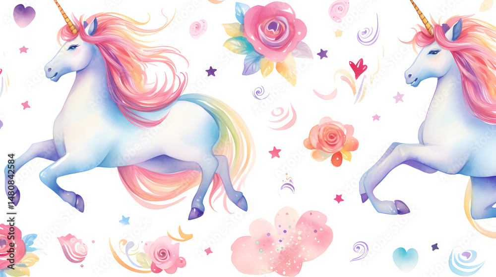 Fototapeta premium Enhancing your projects with a magical unicorn design element set and seamless pattern