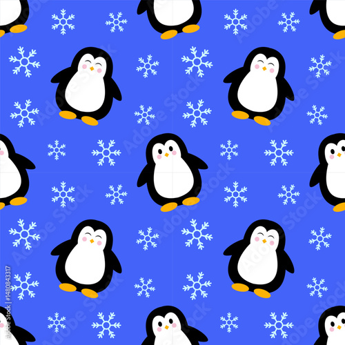 Winter cute seamless pattern with penguins and snowflakes on blue background. Design for children. Seamless texture for print, textile, fabric