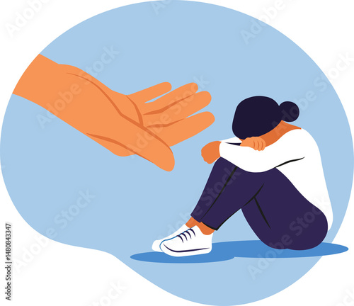 Psychotherapy, counseling and psychological support concept. Girl feeling anxiety and loneliness on transparent background. Helping hand.