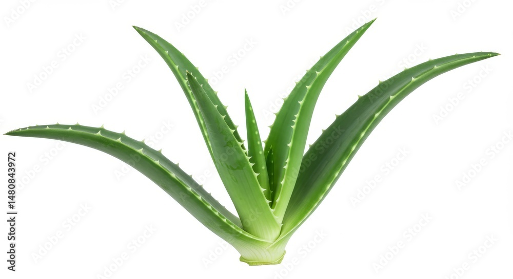 Obraz premium Fresh Aloe Vera Plant - Vibrant green aloe vera plant isolated on white background, showcasing its succulent leaves and spiky edges. Perfect for health, beauty, and nature themes