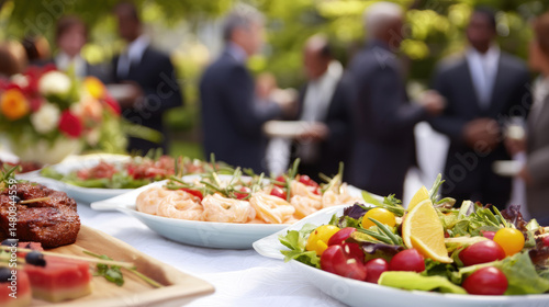Outdoor buffet with diverse food displays, with blurred background of guests conversing