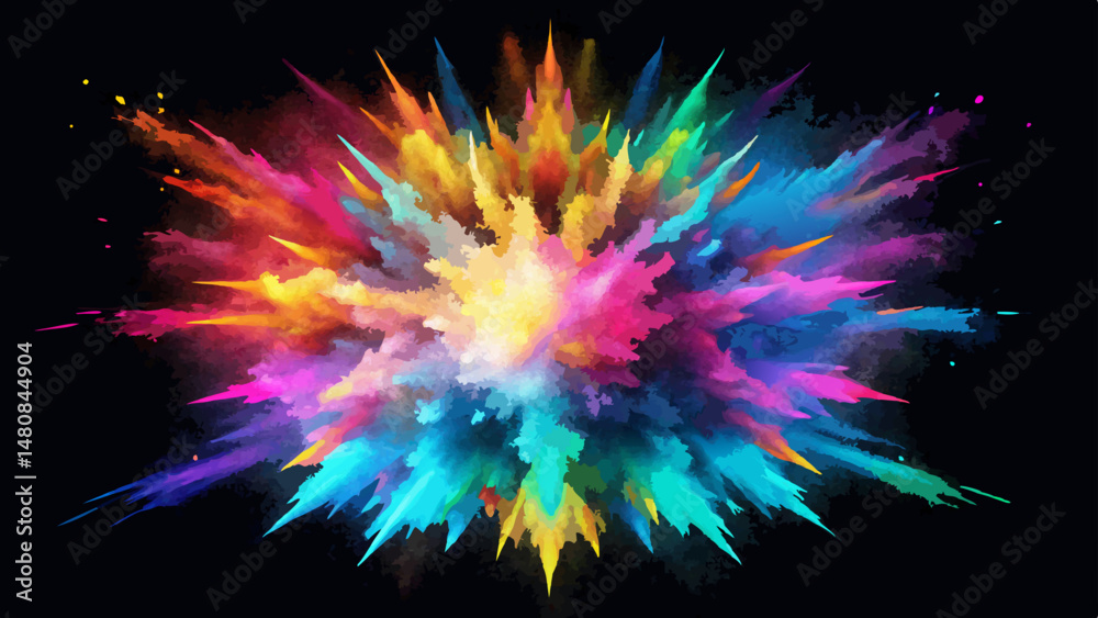 An explosion of vibrant colored powder ignites the darkness, scattering brilliant hues across the deep black background. A moment of pure energy frozen in tim An explosion of vibrant colored powder ignites the darkness, scattering brilliant hues across the deep black background. A moment of pure energy frozen in tim