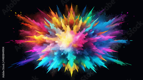 An explosion of vibrant colored powder ignites the darkness, scattering brilliant hues across the deep black background. A moment of pure energy frozen in tim