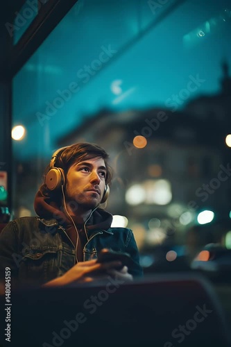 Young man listening to music on night bus, looking out window thoughtfully