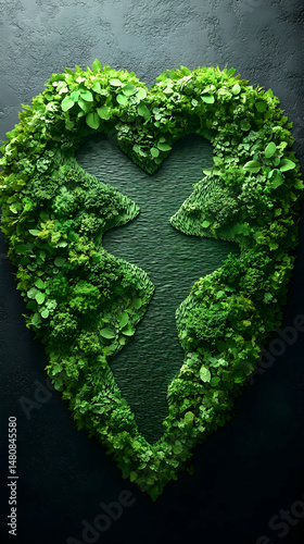 Heart-shaped moss art featuring a cross-shaped cutout